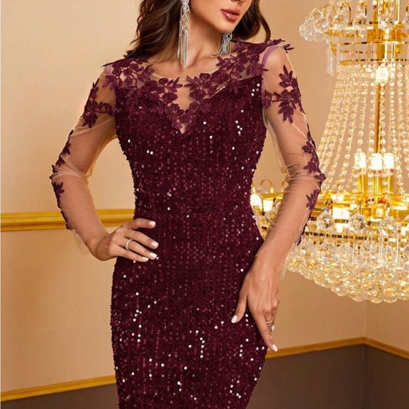 Luxe mesh lace sleeves mermaid hem party sequins dress - Picture 4 of 7